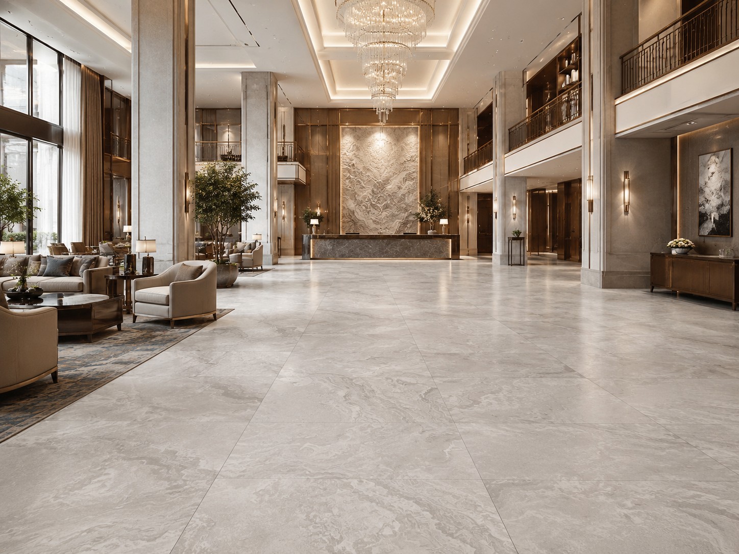 White Wood Marble Cross Cut flooring in a luxury hotel lobby, large format matte anti-slip tiles